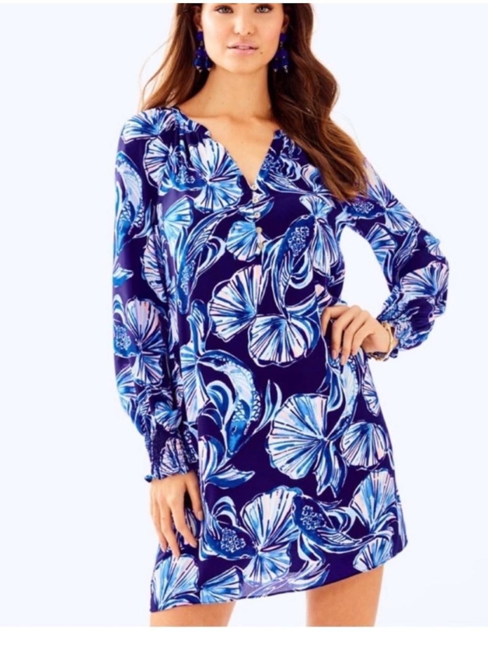Lilly Pulitzer Brynle Bright Navy In Reel Life Long Sleeve V Neck Dress Size XL